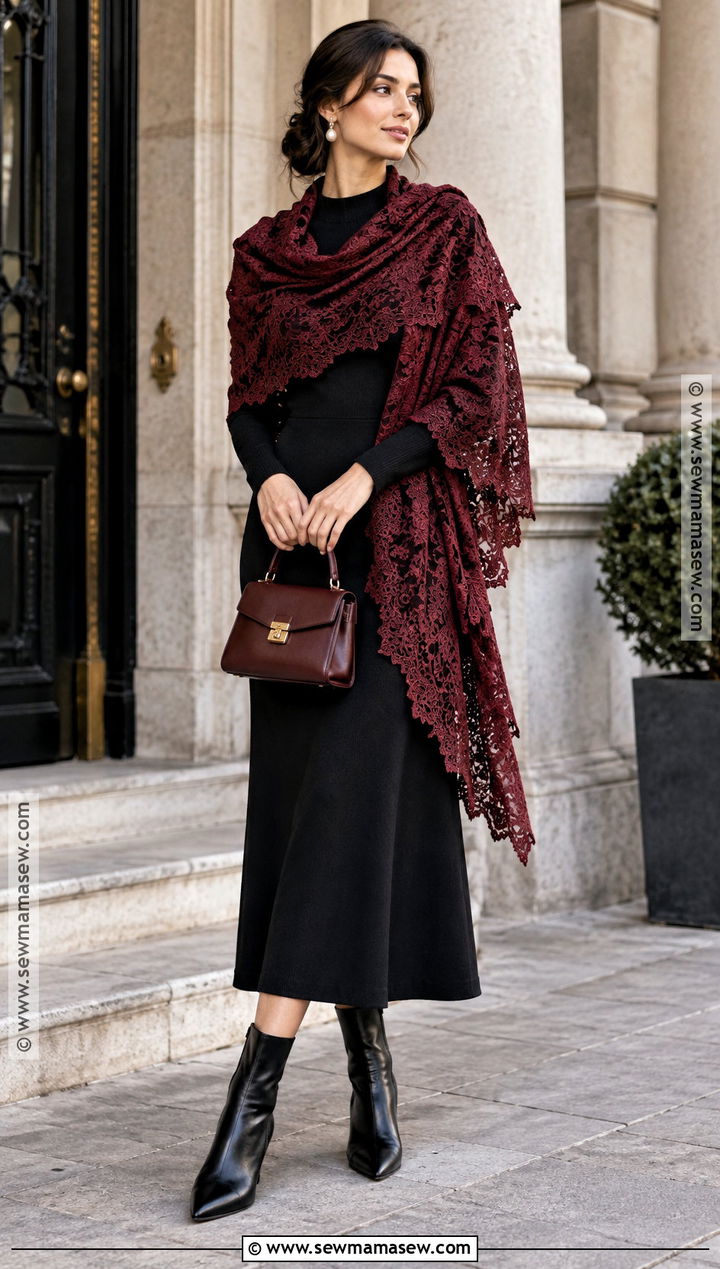 Burgundy Lace Shawl With Black Midi Dress - 15 autumn color lace shawl ideas