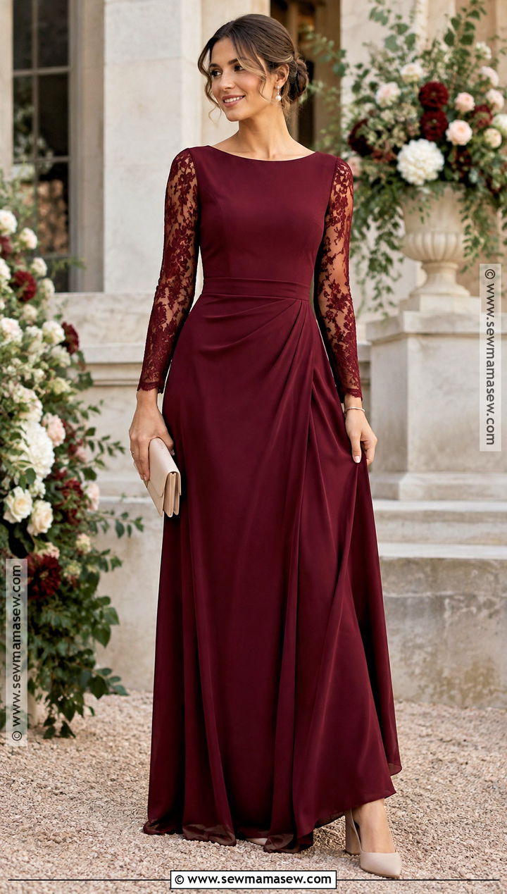 Burgundy Lace Sleeve Bridesmaid Dress - 20 burgandy bridesmaids dresses fall