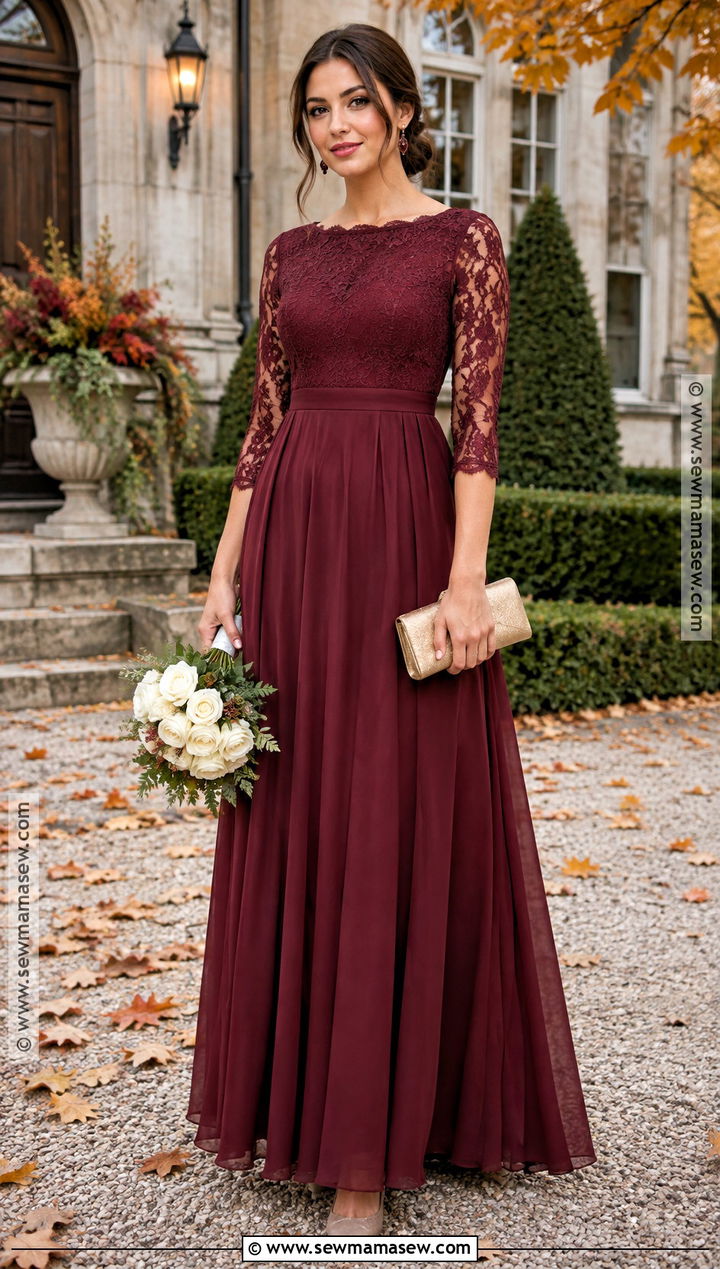 Burgundy Lace Sleeve Bridesmaid Dress - 15 Fall Red Bridesmaid Dresses