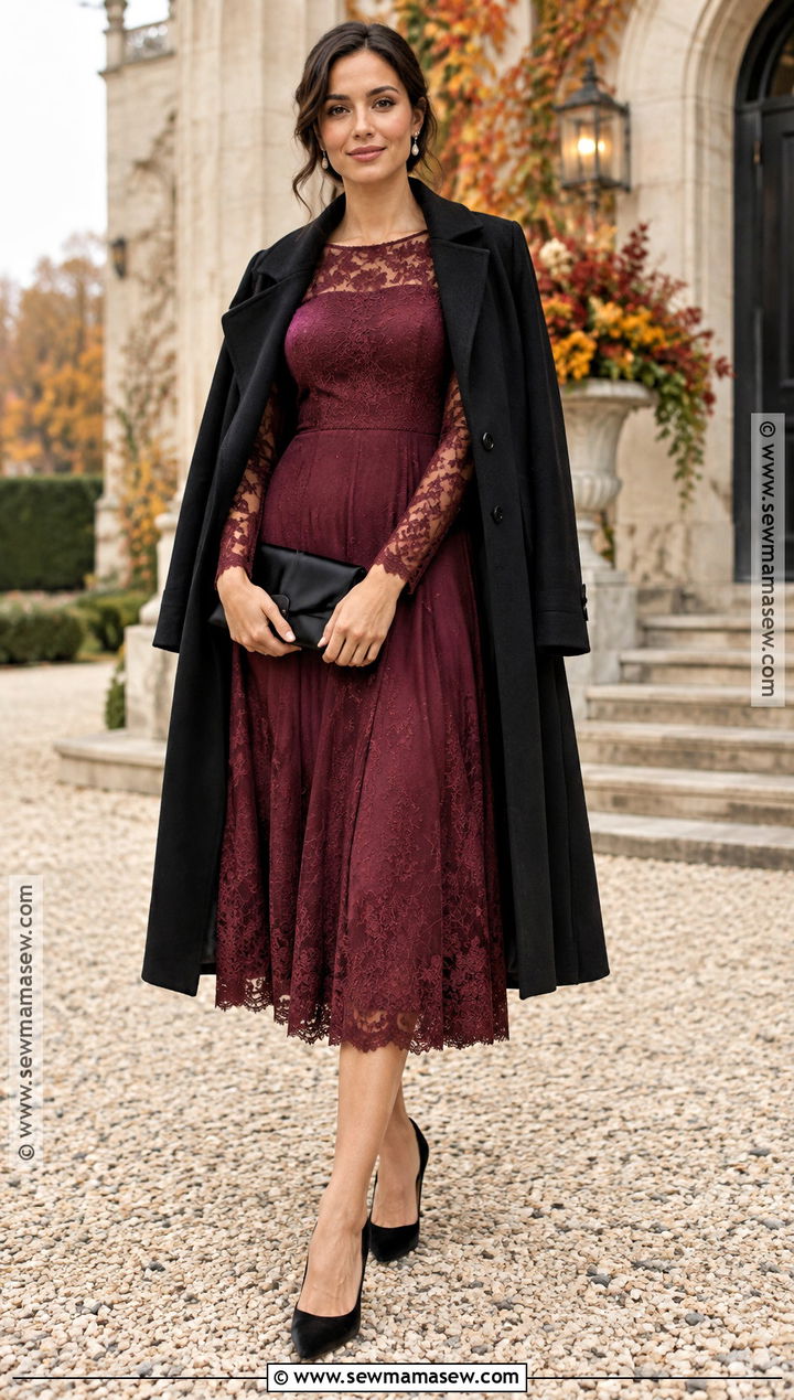 Burgundy Lace Sleeve Fall Wedding Guest Dress - 25 fall wedding guest dress october formal ideas