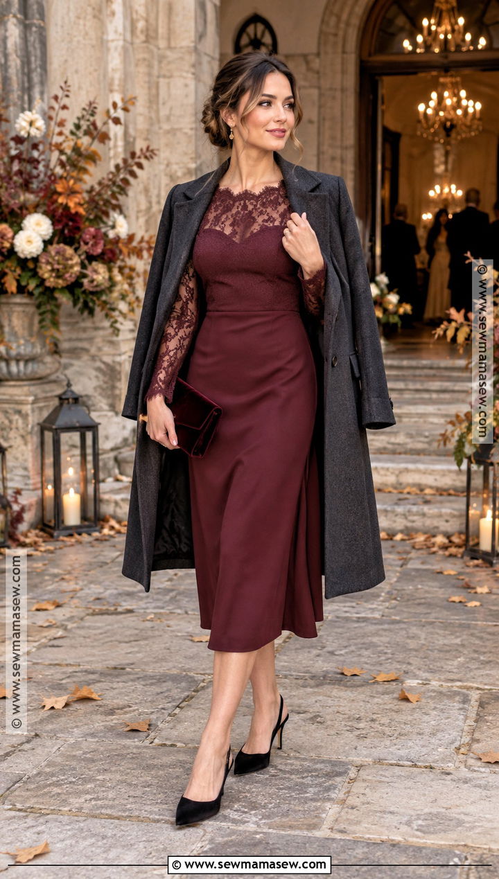 Burgundy Lace Trim Fall Wedding Guest Dress - 25 fall wedding guest dress october ideas