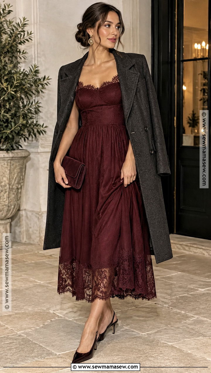 Burgundy Lace Trimmed Midi Dress - 20 fall party dress ideas