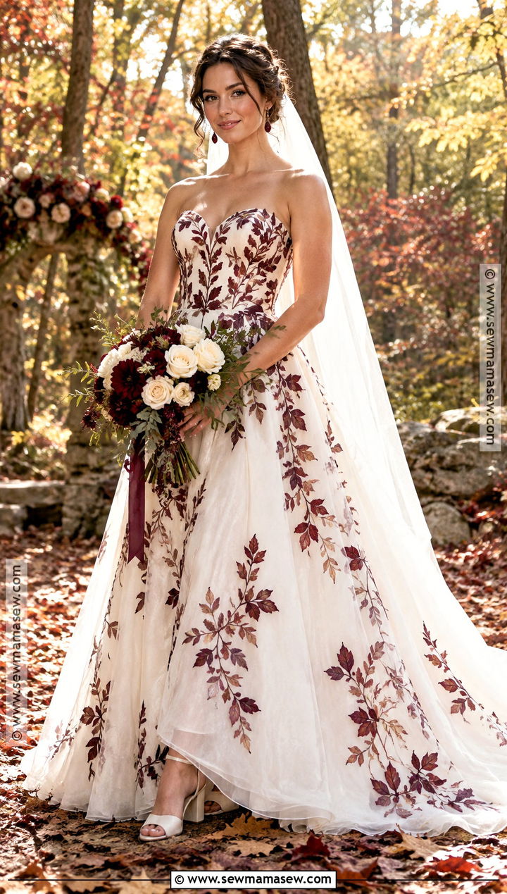 Burgundy Leaf Embroidery Wedding Dress - 15 Autumn Leaf Wedding Dress Ideas