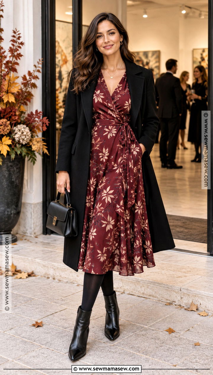 Burgundy Leaf Print Wrap Dress Outfit - 15 Fall Leaf Dress Ideas
