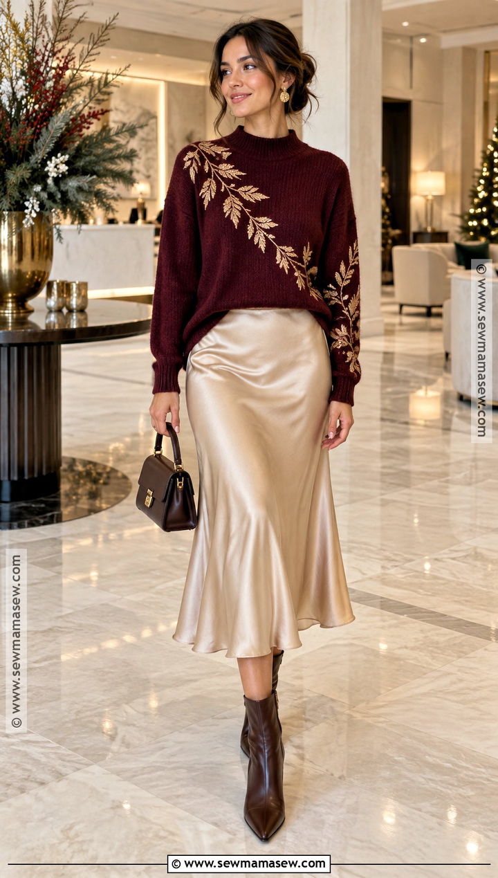 Burgundy Leaf Sweater With Satin Midi Skirt - 15 fall leaf sweater ideas