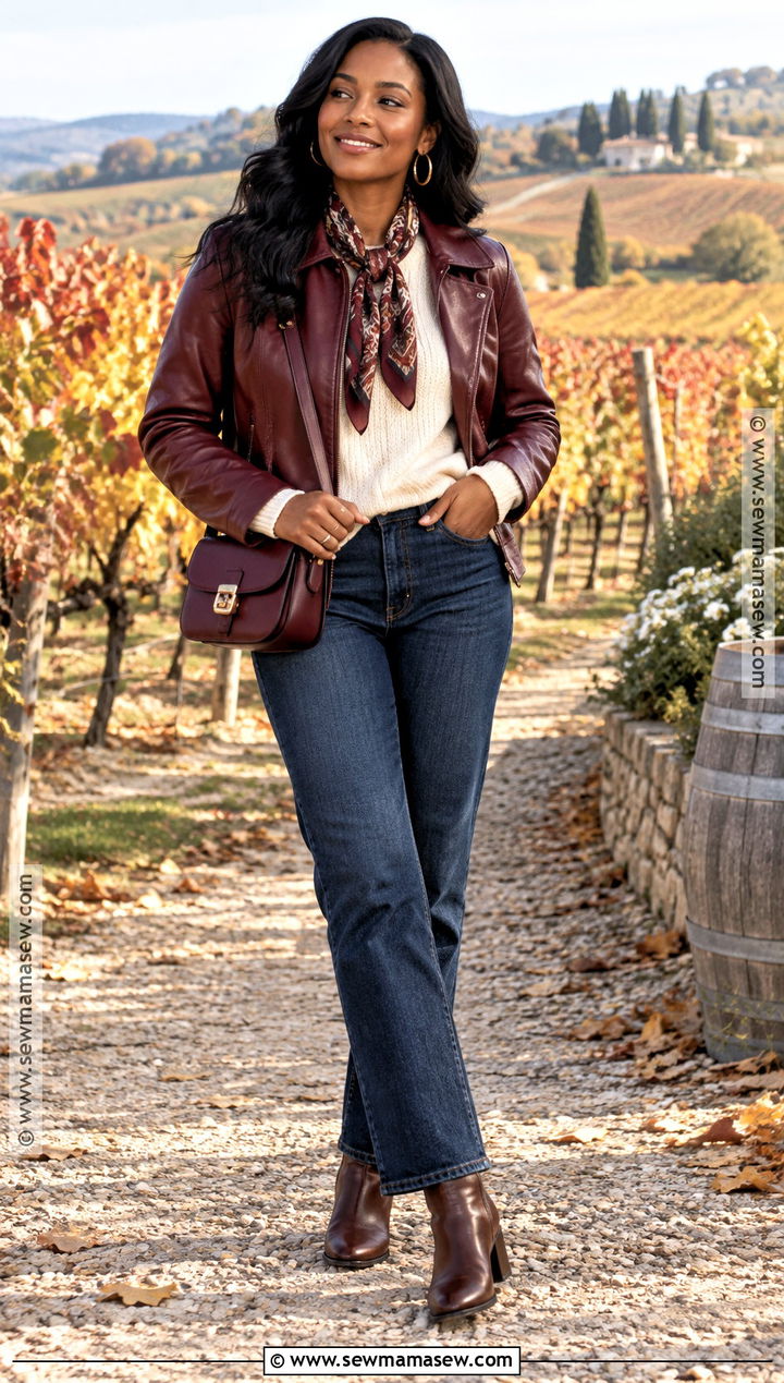 Burgundy Leather Jacket And Jeans Vineyard Outfit - 15 Fall Vineyard Outfits for Black Women