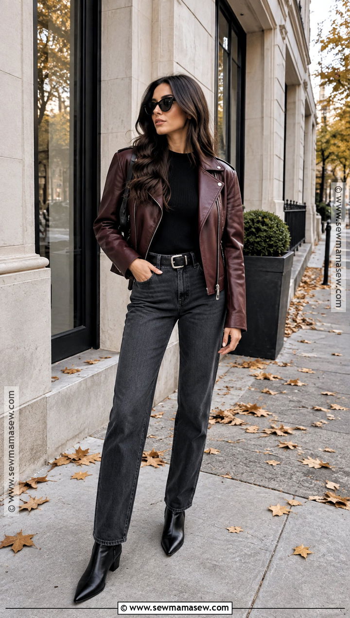 Burgundy Leather Jacket Fall Outfit - 25 Edgy Fall Outfits