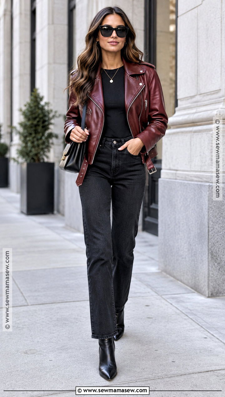 Burgundy Leather Jacket With Black Jeans - 25 Fall Leather Jacket Outfit Ideas