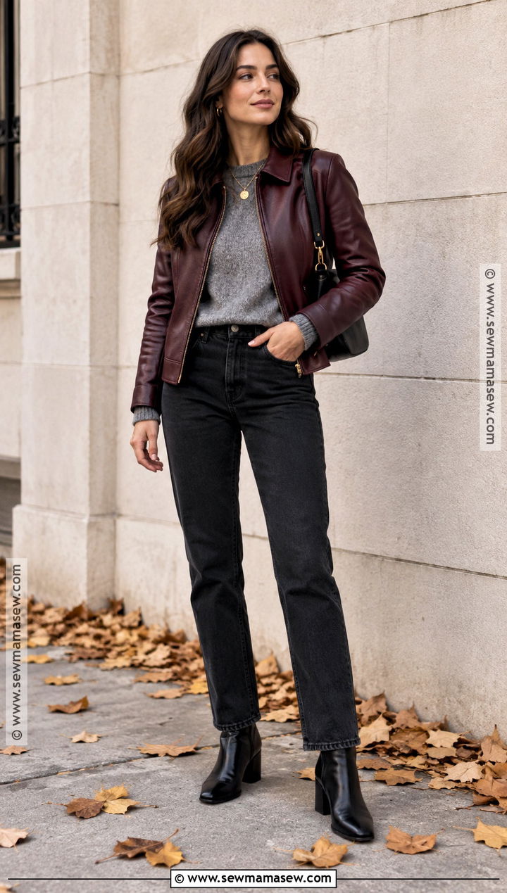 Burgundy Leather Jacket With Black Jeans - 20 Autumn Outfits Leather Jacket