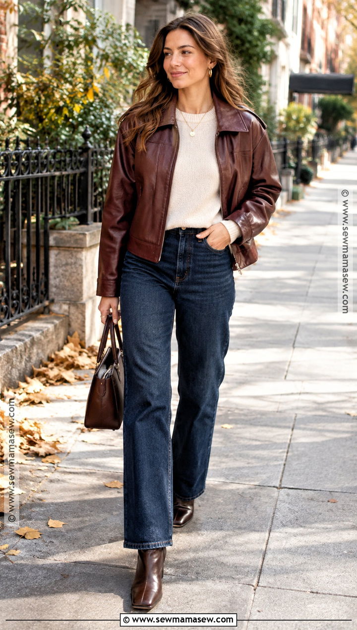 Burgundy Leather Jacket and Jeans Fall Street Style Outfit - 15 2026 Fall Street Style Ideas