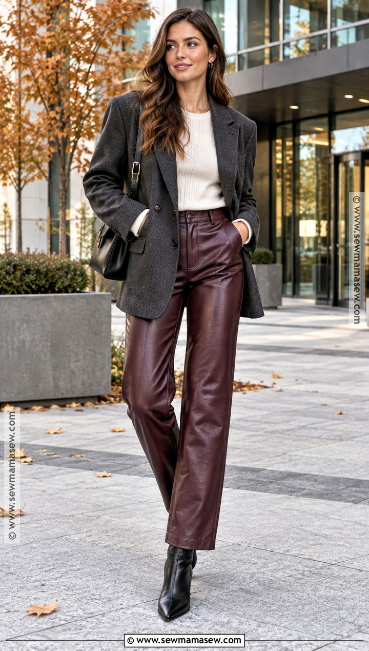 Burgundy Leather Pants With Gray Blazer - 15 fall fashion leather pants ideas