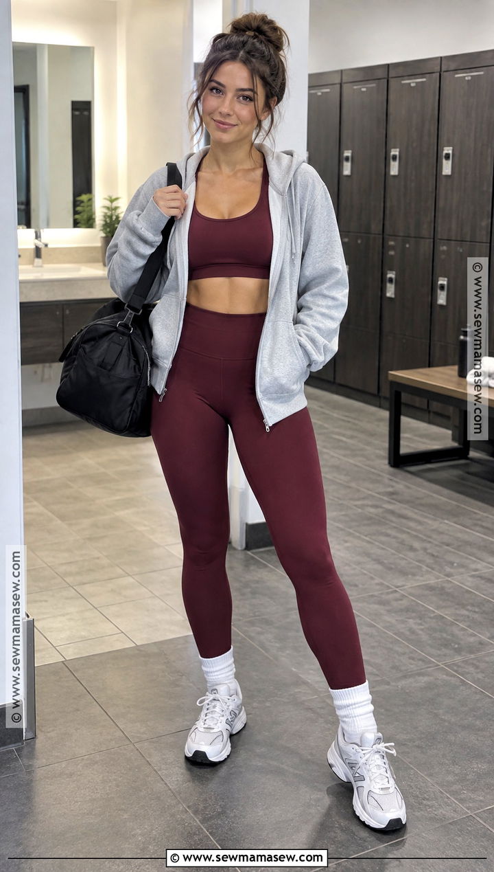 Burgundy Leggings And Gray Hoodie Gym Outfit - 20 fall gym outfit ideas