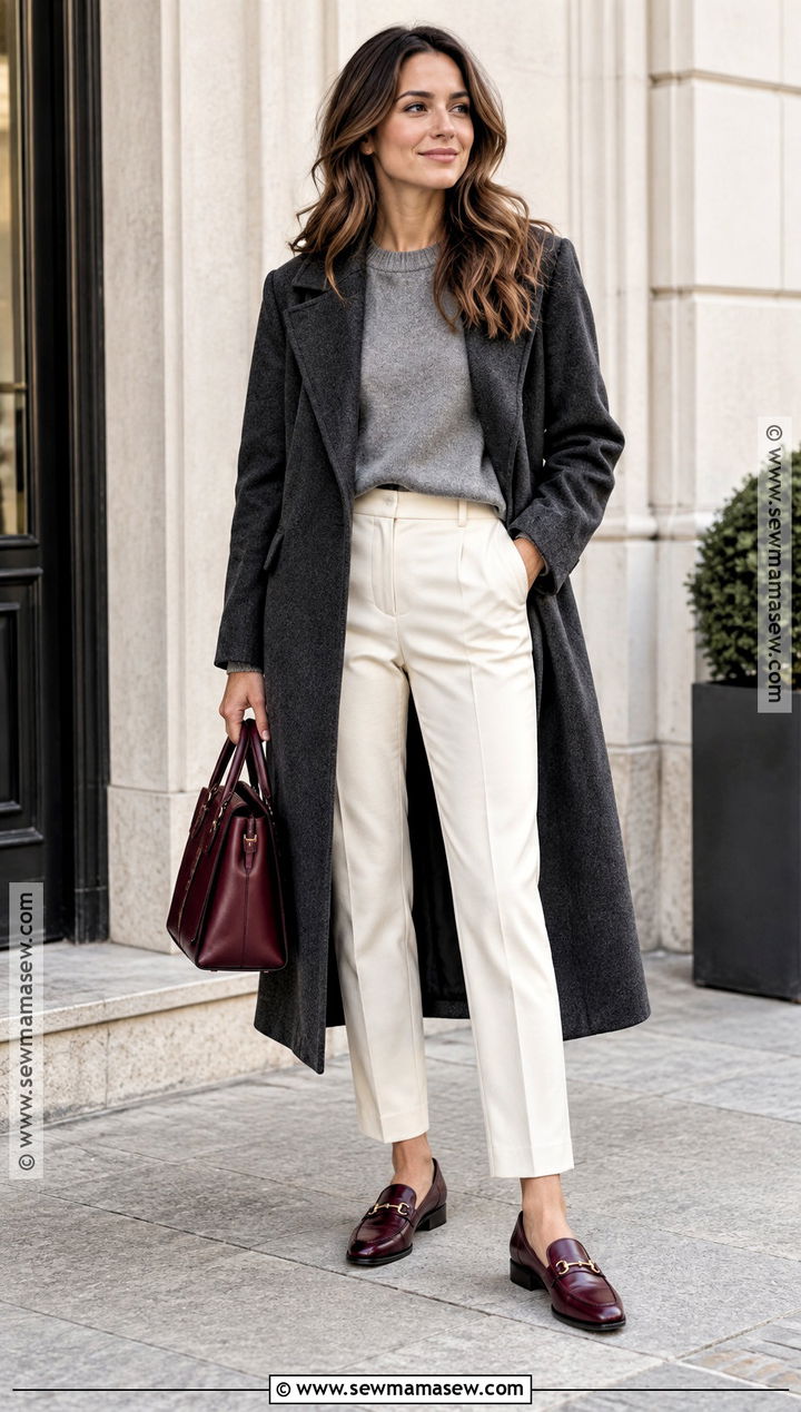 Burgundy Loafers With Cream Trousers and Gray Sweater - 20 loafers for women outfit fall ideas