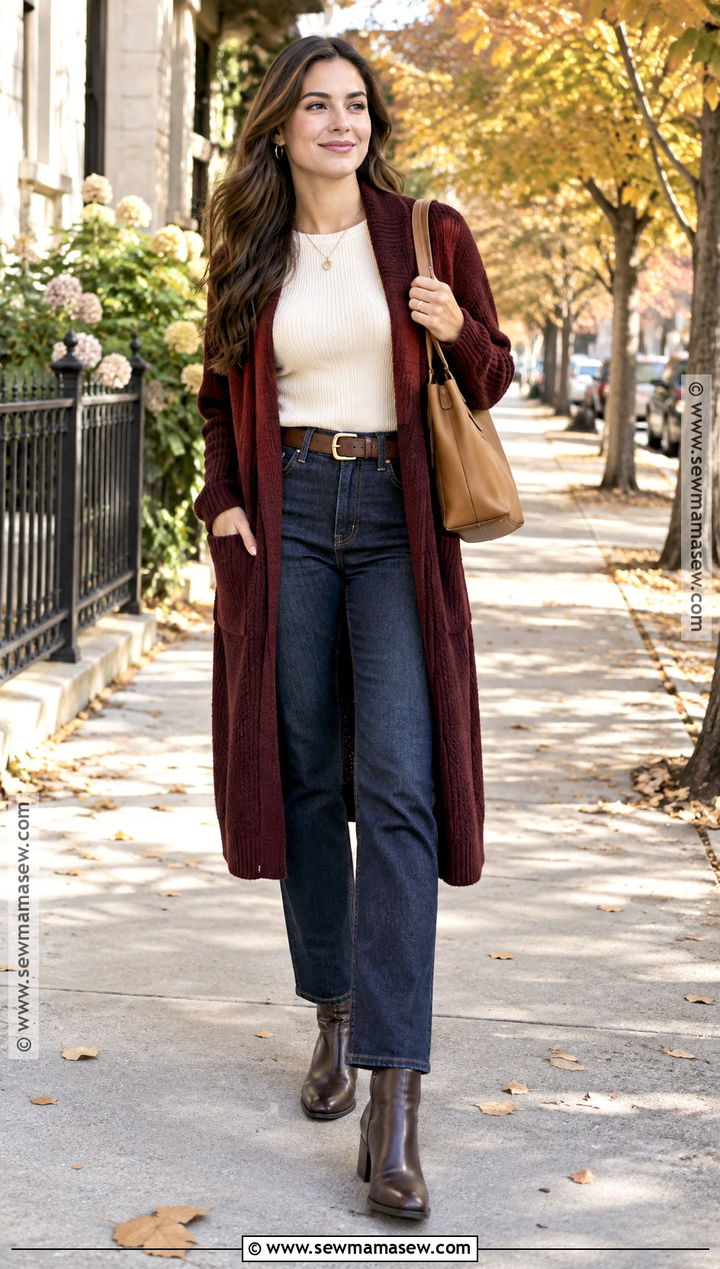 Burgundy Long Cardigan With Dark Jeans - 25 long cardigan outfit fall ideas
