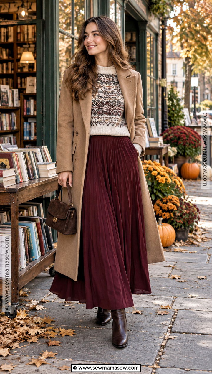Burgundy Long Skirt Outfit With Fair Isle Sweater And Boots - 25 long skirt outfits for fall