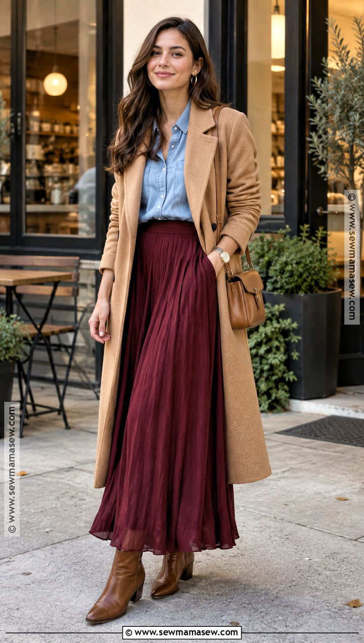 Burgundy Long Skirt With Chambray Shirt And Ankle Boots - 15 Long Skirt Outfits For Fall Casual