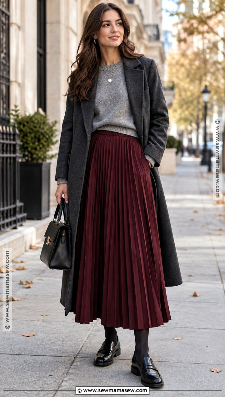 Burgundy Long Skirt With Gray Sweater And Loafers - 25 long skirt outfits fall