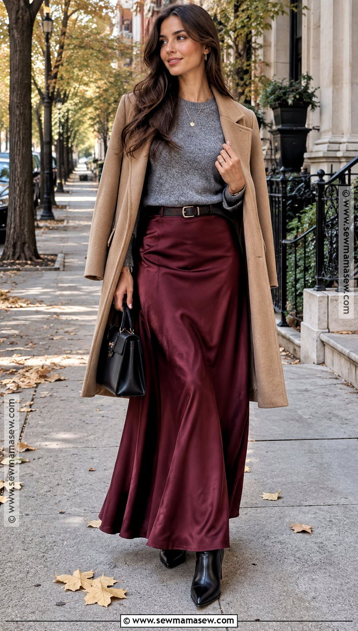 Burgundy Long Skirt With Gray Sweater and Boots - 20 Long Skirt Fall Ideas
