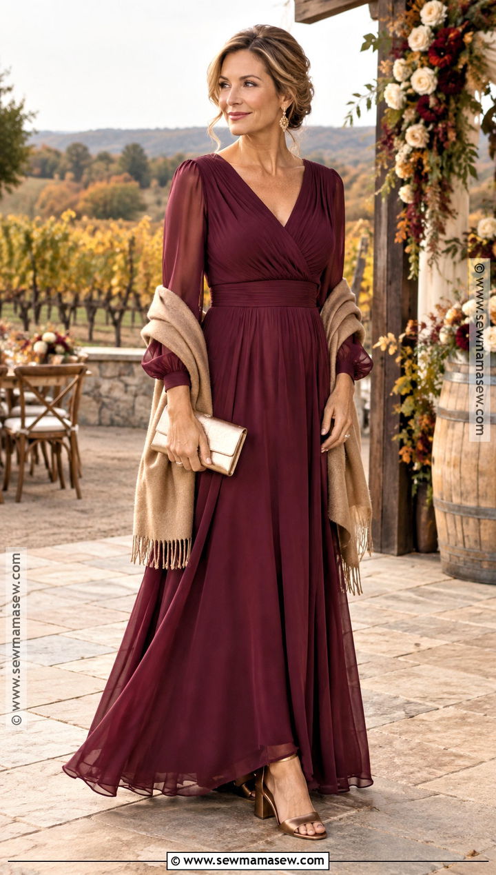 Burgundy Long Sleeve A Line Mother of the Bride Dress - 15 Mother Of Bride Dresses Fall Wedding