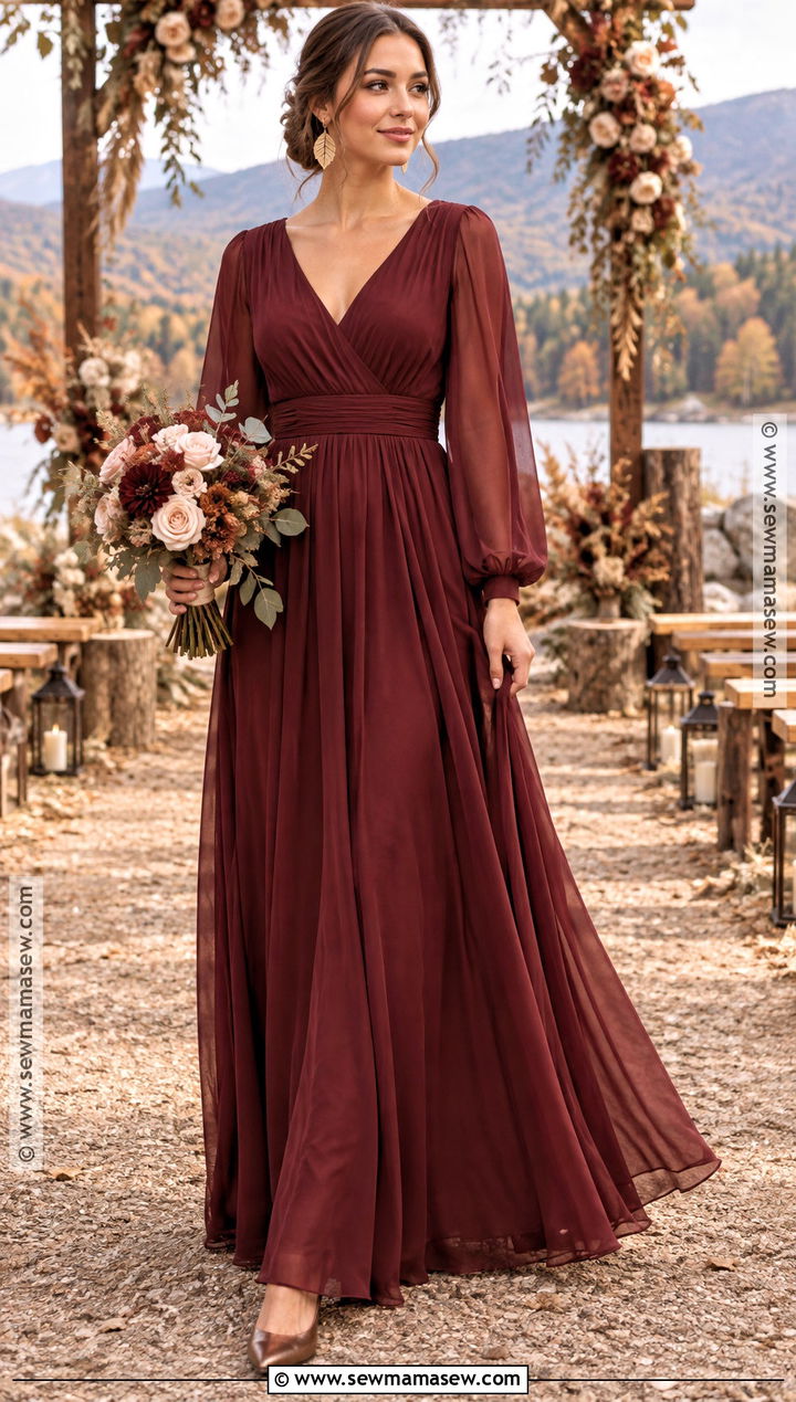 Burgundy Long Sleeve Boho Bridesmaid Dress - 15 Fall Boho Bridesmaid Dress Ideas