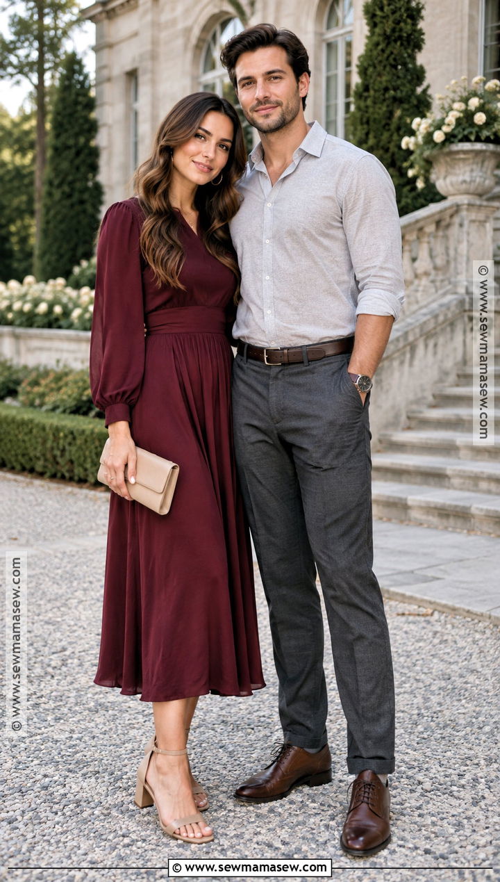 Burgundy Long Sleeve Dress With Nude Heels - 15 engagement photos outfits september
