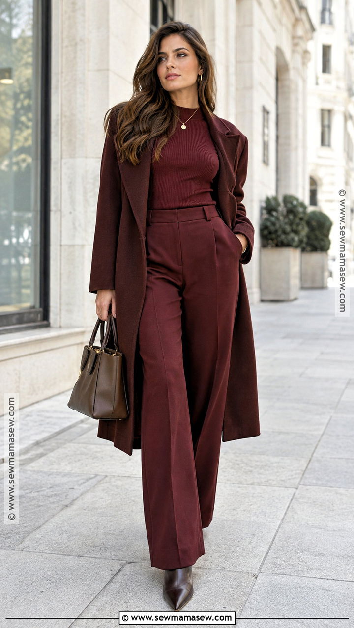 Burgundy Long Sleeve Fall Outfit With Matching Trousers - 20 Long Sleeve Fall Outfits