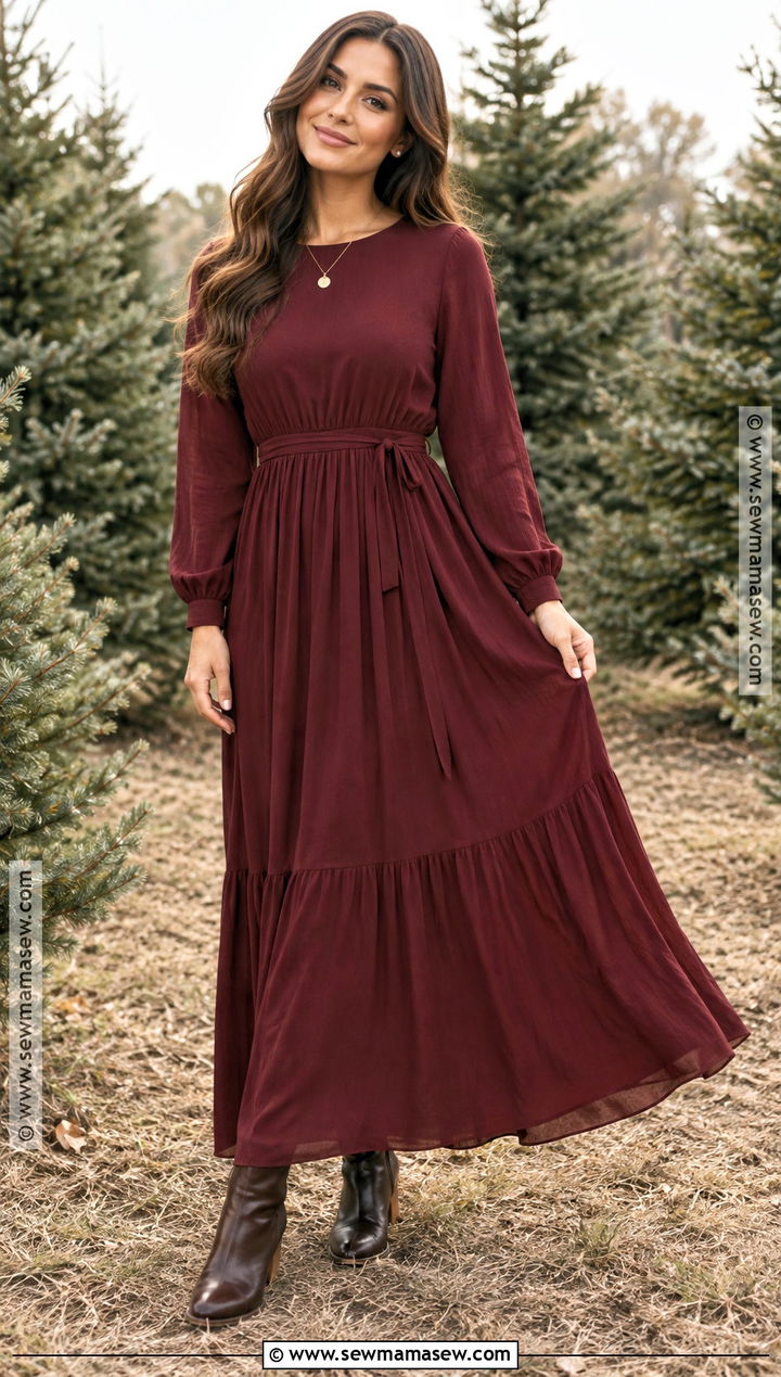Burgundy Long Sleeve Maxi Dress Outfit - 20 fall dresses for family pictures