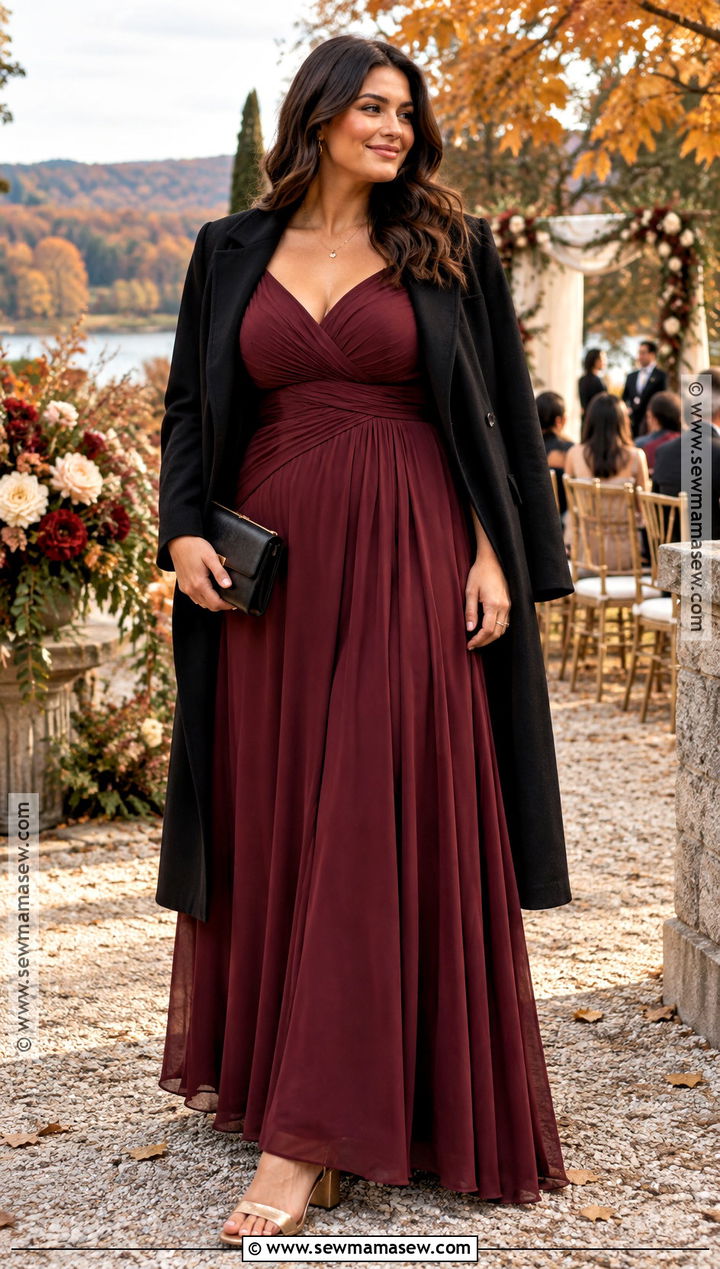Burgundy Long Sleeve Maxi Fall Wedding Guest Dress - 15 Fall Wedding Guest Dress Outdoor Ideas