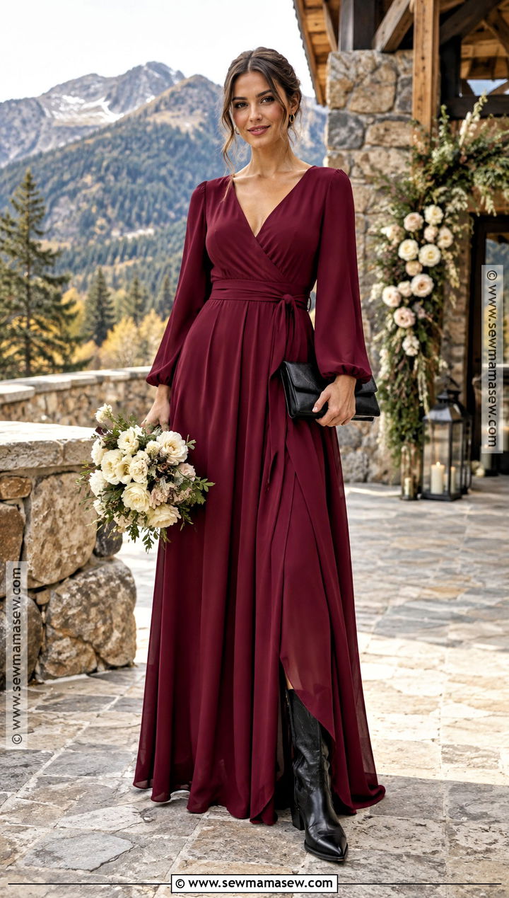 Burgundy Long Sleeve Western Bridesmaid Dress With Black Boots - 15 Western Fall Bridesmaid Dresses