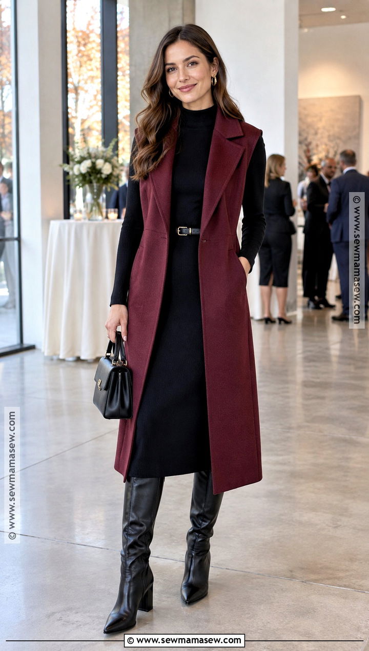 Burgundy Long Vest With Black Dress And Boots - 20 Long Vest Outfit Fall Ideas