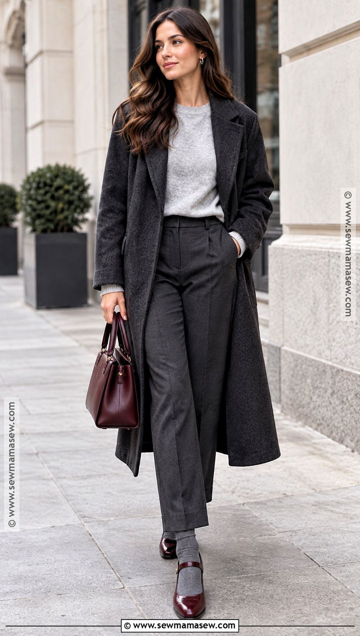 Burgundy Mary Jane Flats With Gray Fall Outfit - 20 mary jane flats outfit fall ideas