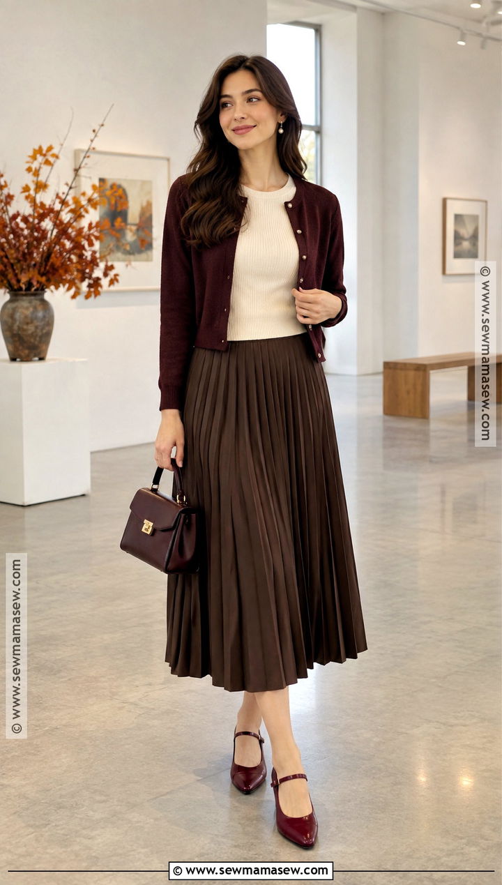Burgundy Mary Janes With A Pleated Midi Skirt - 15 dressy fall shoes