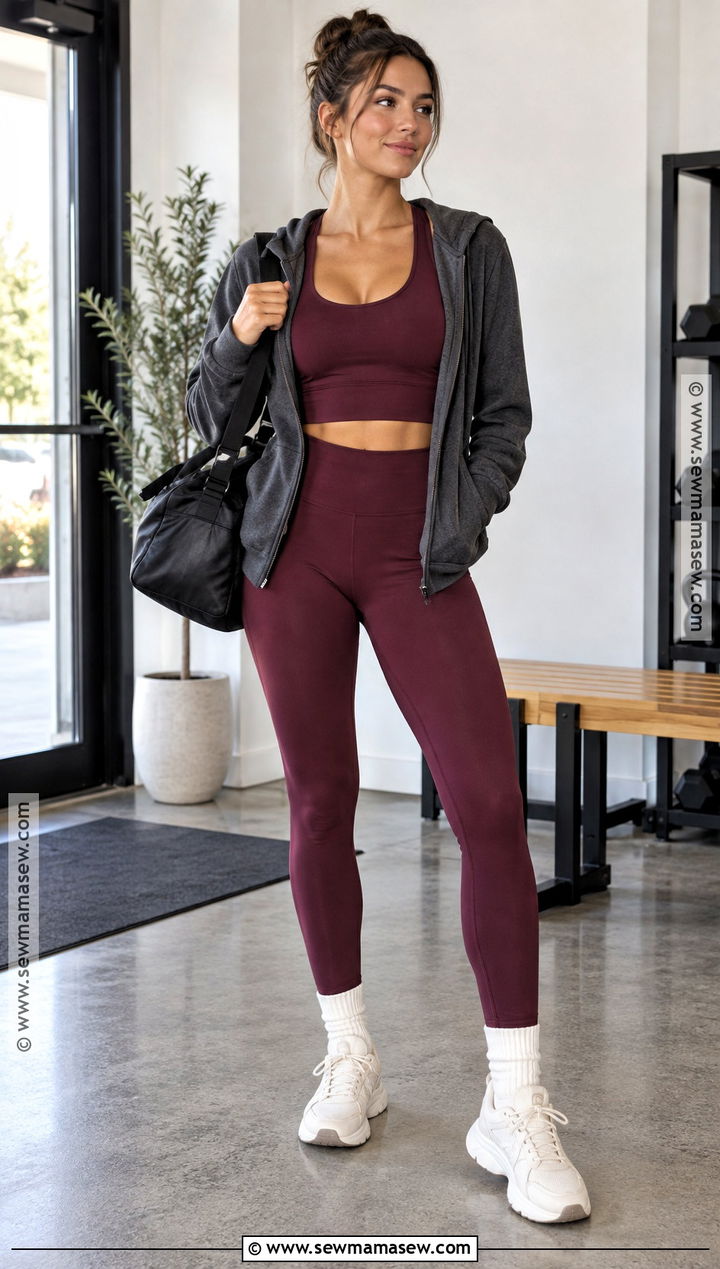 Burgundy Matching Set and Lightweight Hoodie Fall Workout Outfit - 25 fall workout outfits