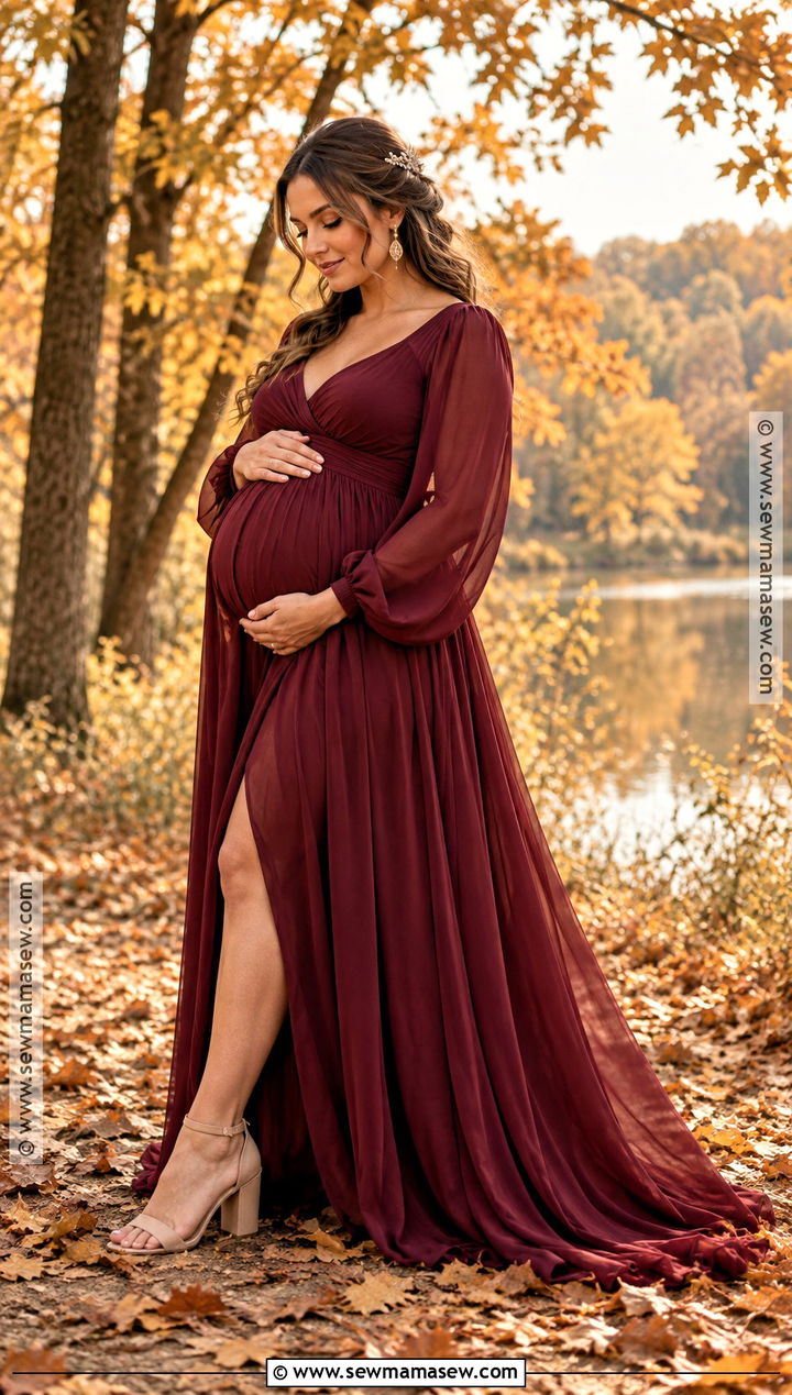 Burgundy Maternity Gown With Gold Accessories - 15 fall maternity photo outfits