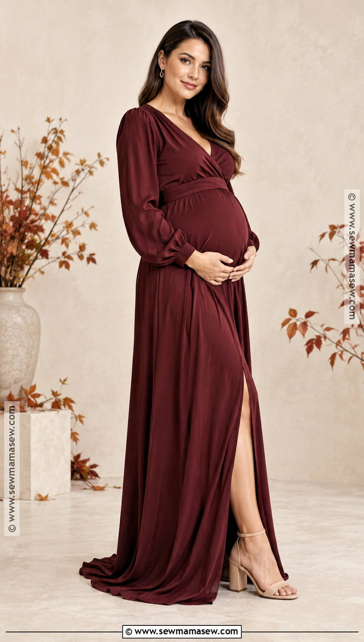 Burgundy Maternity Gown With Neutral Heels - 20 Fall Maternity Photoshoot Outfits