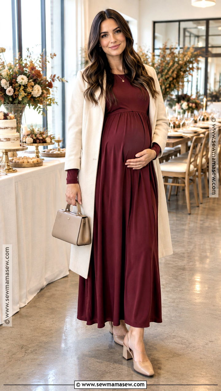 Burgundy Maternity Maxi Dress With Block Heels - 15 fall 2026 maternity fashion ideas
