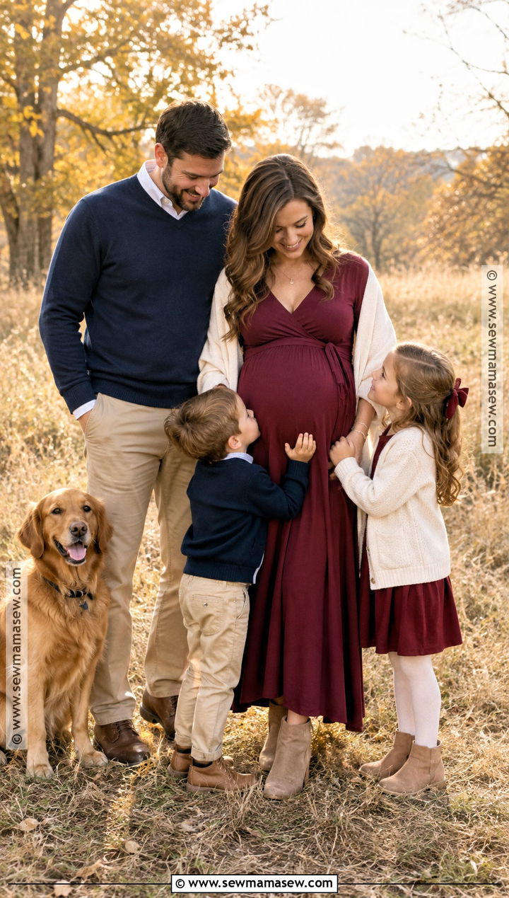 Burgundy Maternity Maxi Dress With Navy Family Outfits - 15 fall family maternity pictures outfits