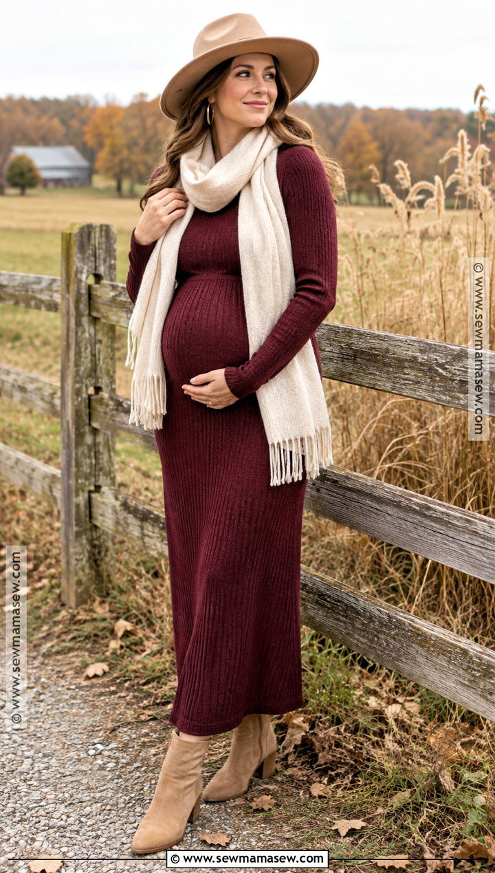Burgundy Maternity Sweater Dress With Suede Boots - 15 fall maternity photos red dress ideas