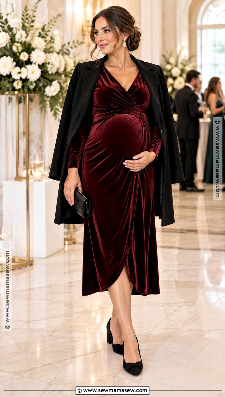 Burgundy Maternity Velvet Dress With Block Heels - 15 fall dresses maternity