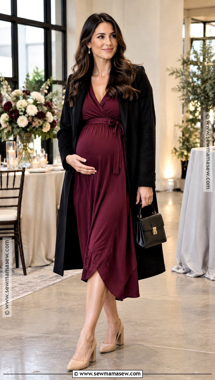 Burgundy Maternity Wrap Dress With Block Heels - 20 fall maternity dress ideas