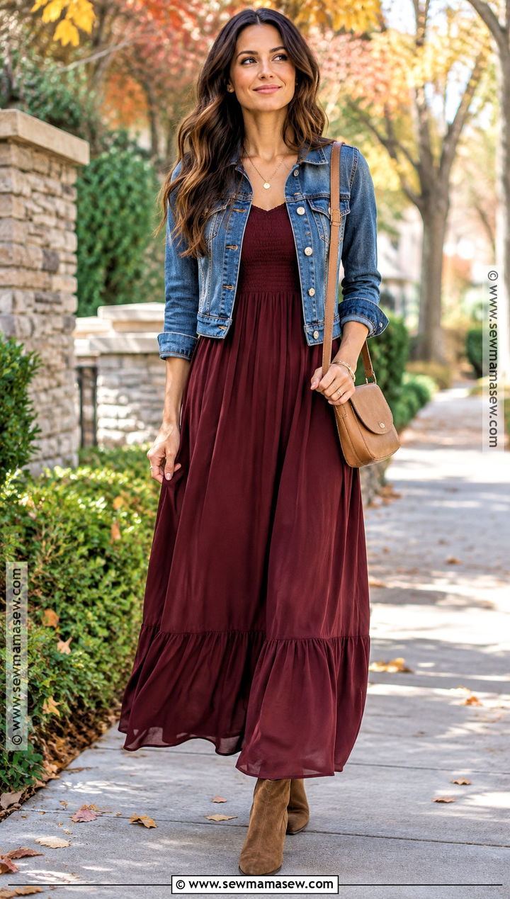 Burgundy Maxi Dress And Ankle Boots - 15 Burgundy Outfit Ideas Fall