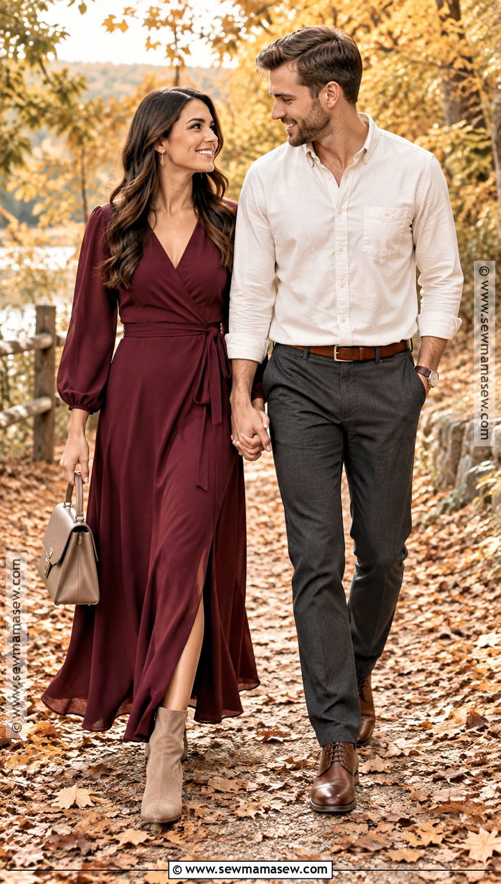Burgundy Maxi Dress Engagement Outfit - 15 engagement photoshoot outfit fall ideas
