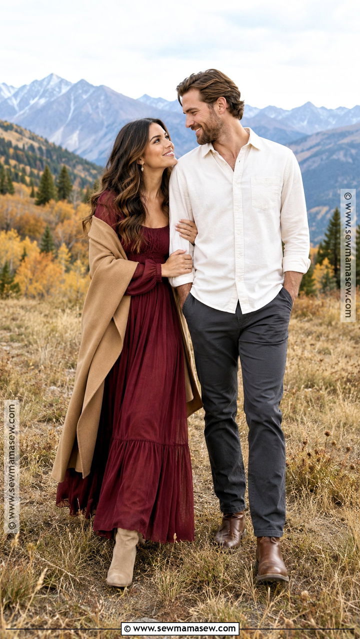 Burgundy Maxi Dress Fall Engagement Outfit - 20 engagement picture outfits fall