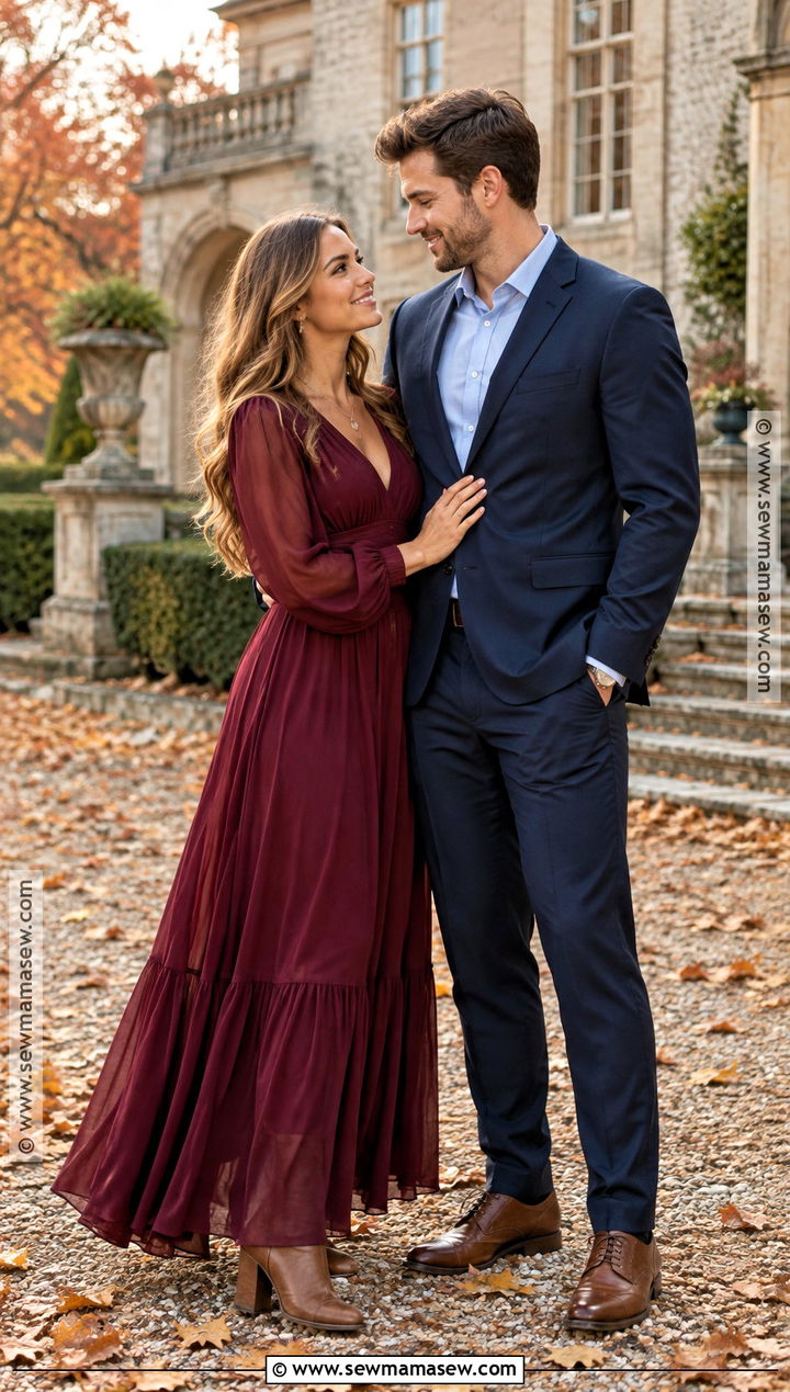 Burgundy Maxi Dress Fall Engagement Outfit - 15 engagement session outfits fall