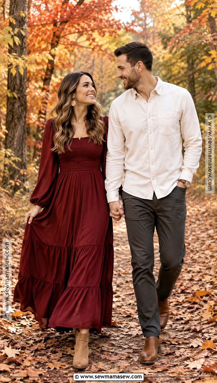 Burgundy Maxi Dress Fall Engagement Photo Outfit - 15 fall outfits engagement photos