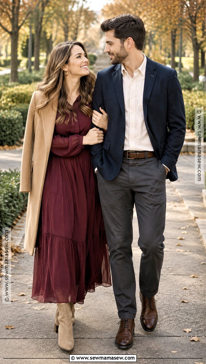 Burgundy Maxi Dress Fall Engagement Shoot Outfit - 20 engagement shoot outfit fall ideas