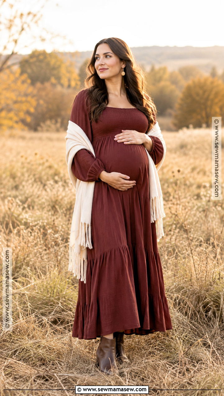 Burgundy Maxi Dress Fall Maternity Photo Outfit - 15 maternity photo fall outfits