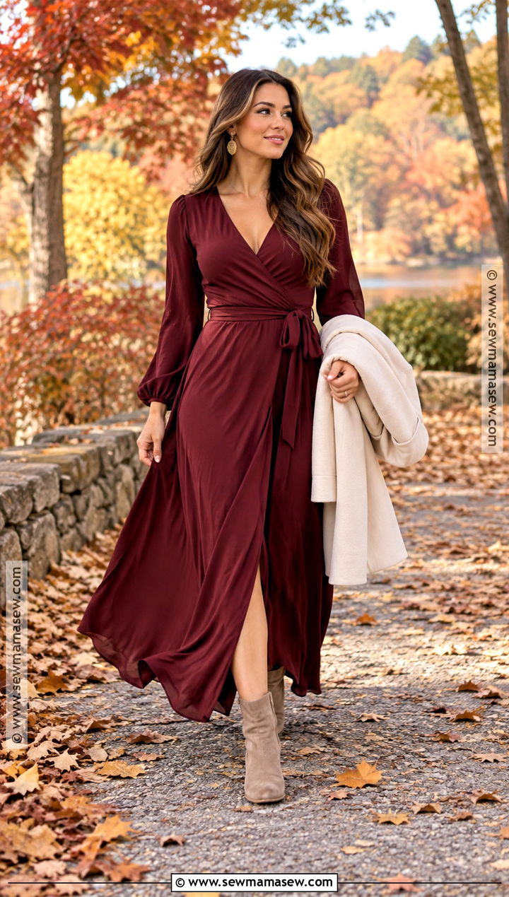 Burgundy Maxi Dress For Fall Engagement Pictures - 15 fall engagement pictures dress ideas