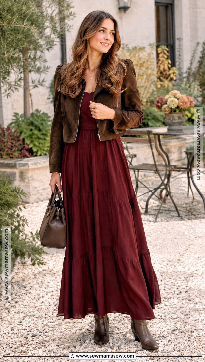 Burgundy Maxi Dress With Brown Boots - 25 autumn dress outfit ideas