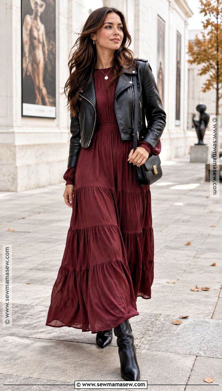 Burgundy Maxi Dress With Leather Jacket - 15 Burgundy Dress Fall Fashion Ideas